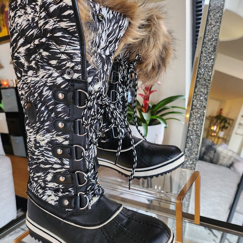 Women's Winter Snow Lace-up Fur Trim Boots Black / White Pattern